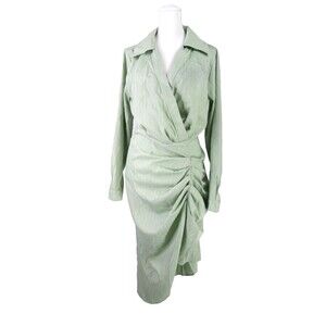 CIDER Faux Wrap Green White Shirt Dress 0XL Button Cuffs Side Zip Ruching R11